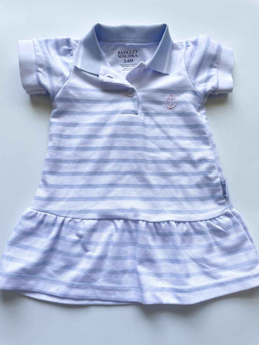 Baby Girl Badgley Mischka Blue and White Striped Polo Shirt Dress Size 3-6 Mo.